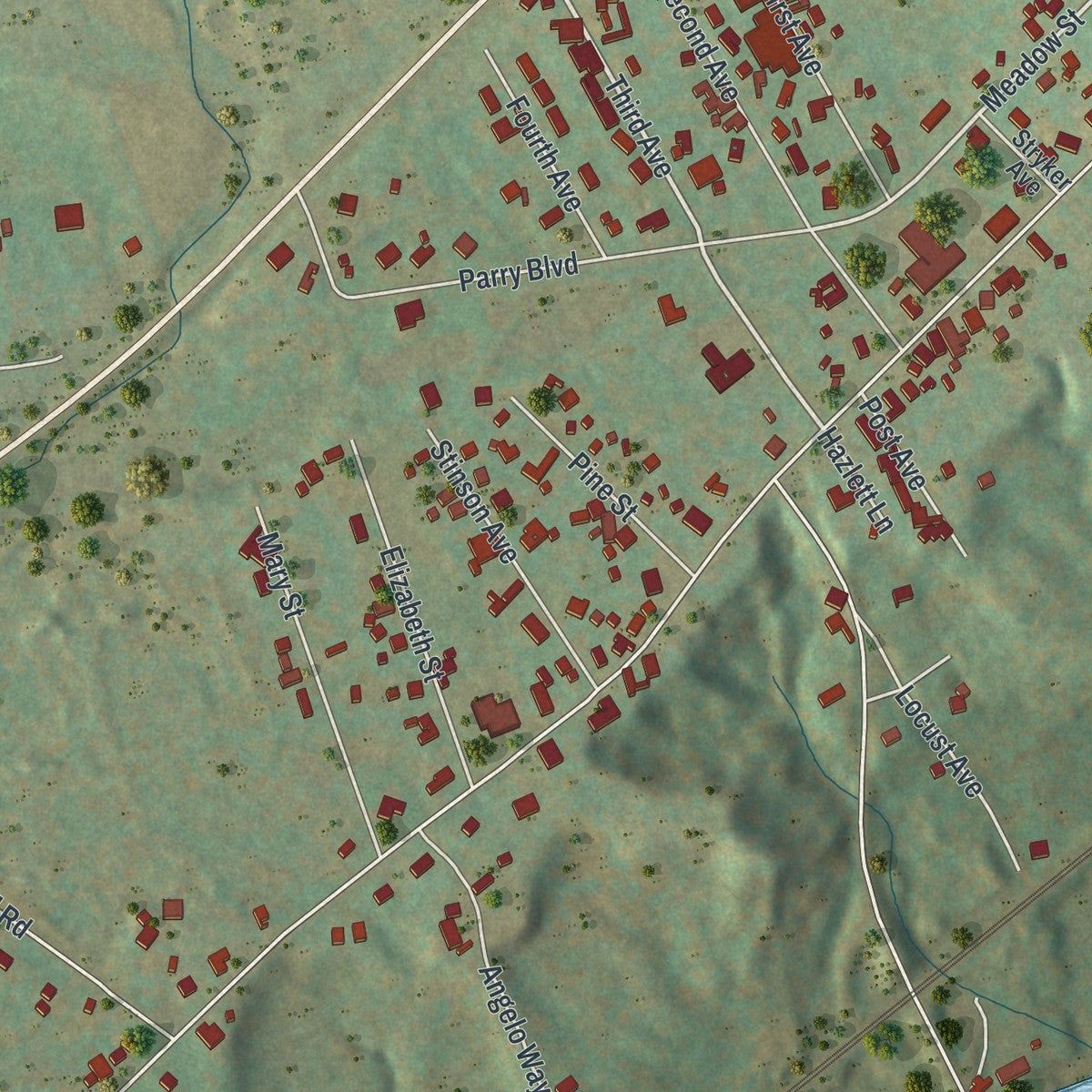 Close-up of the map of Tribes Hill, New York print showing street and building detail