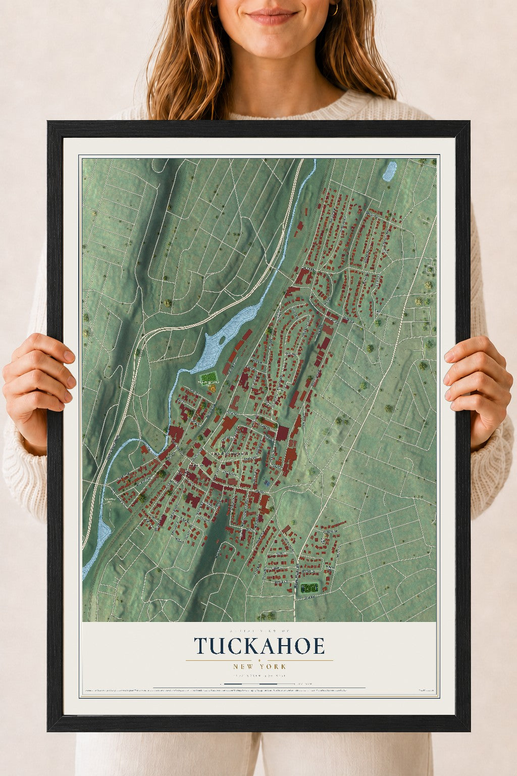 Tuckahoe, New York map print, 18" x 24" W/ Black Ayous Wood Frame mockup