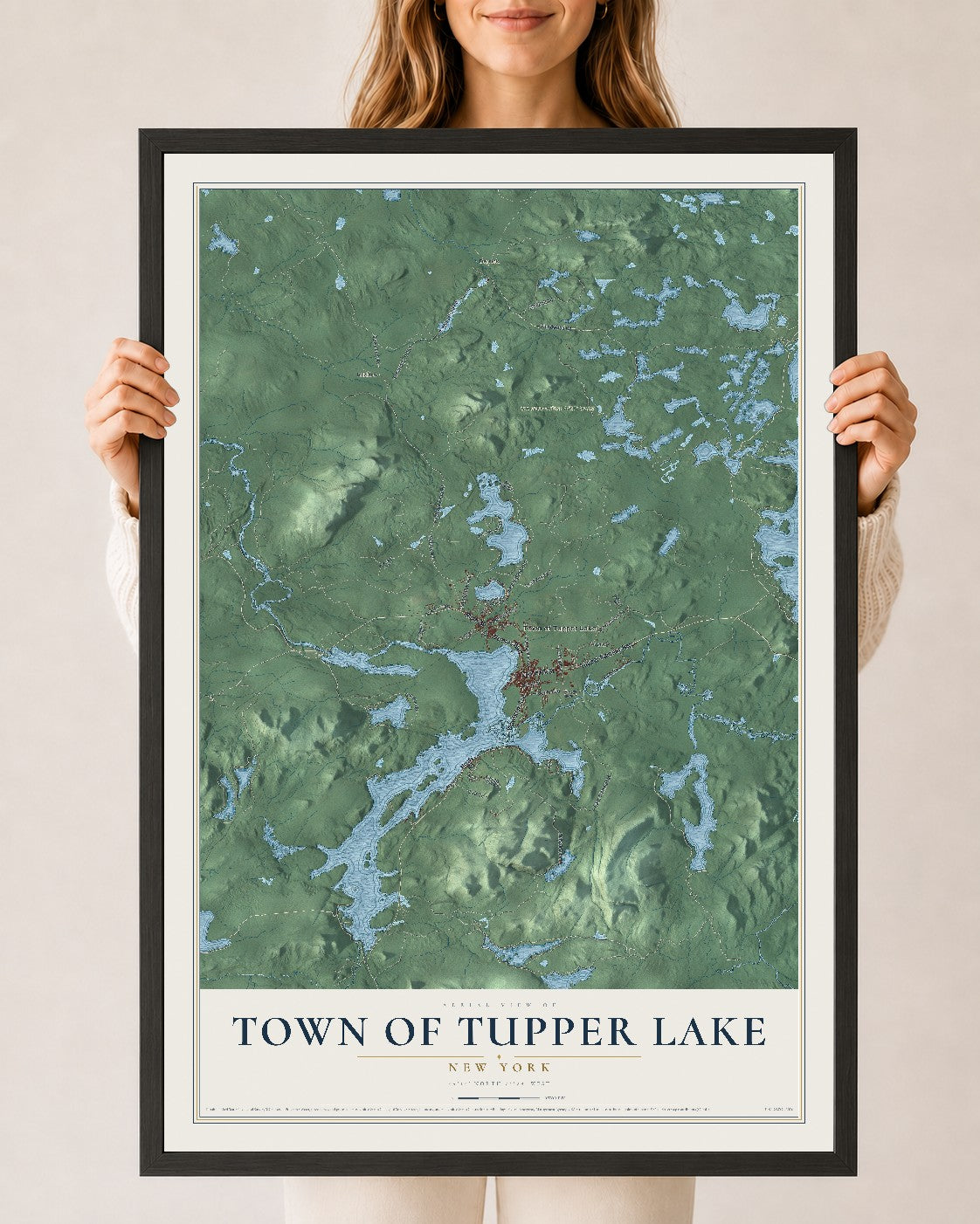Tupper Lake, New York map print, 24" x 36" W/ Black Ayous Wood Frame mockup