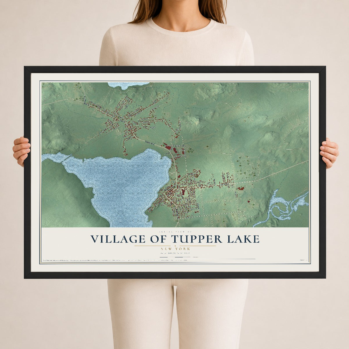 Tupper Lake, New York map print, 24" x 36" W/ Black Ayous Wood Frame mockup