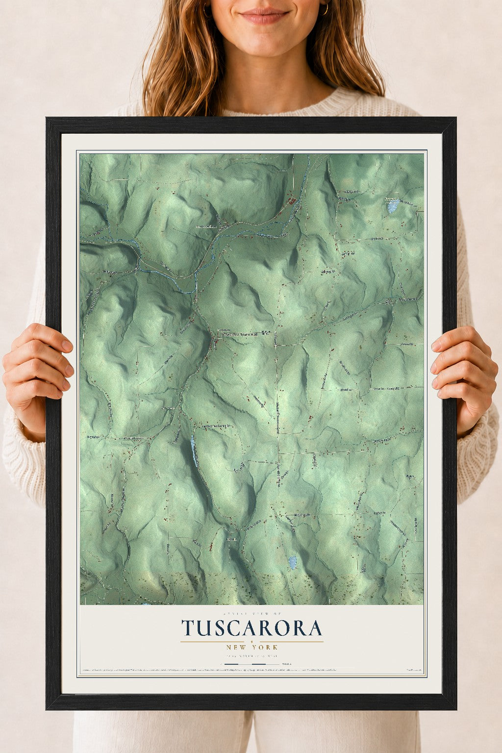 Tuscarora, New York map print, 18" x 24" W/ Black Ayous Wood Frame mockup