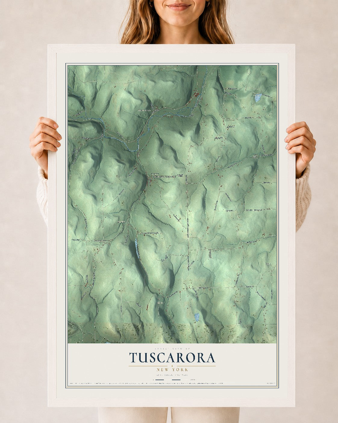 Tuscarora, New York map print, 24" x 36" W/ White Ayous Wood Frame mockup