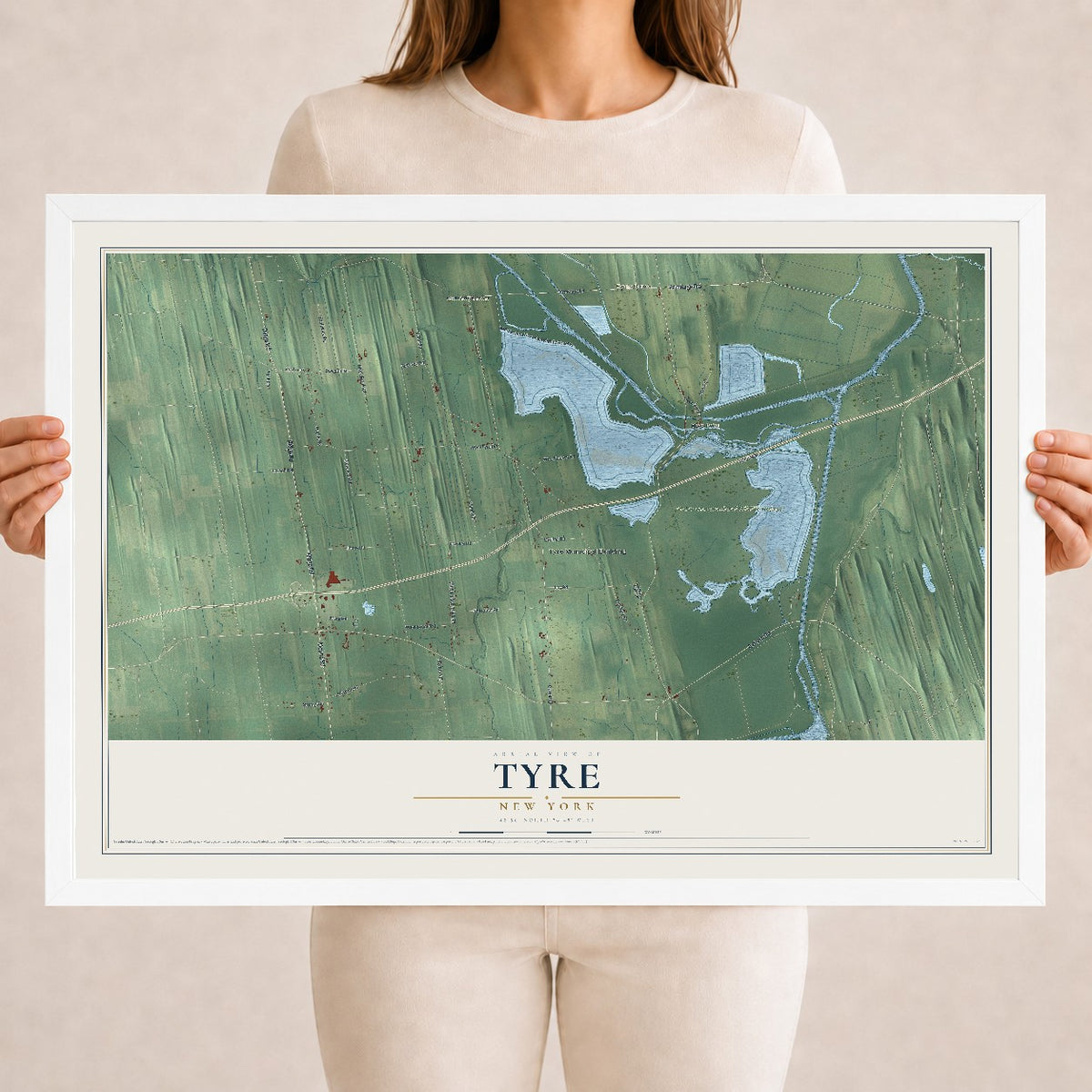Tyre, New York map print, 18" x 24" W/ White Ayous Wood Frame mockup