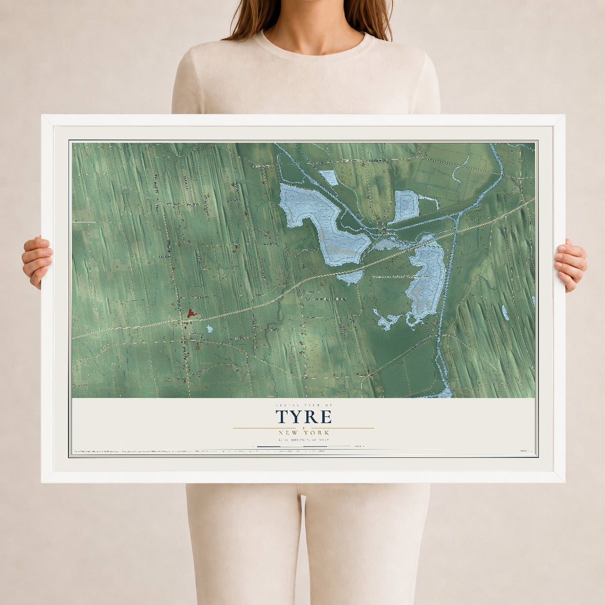 Tyre, New York map print, 24" x 36" W/ White Ayous Wood Frame mockup