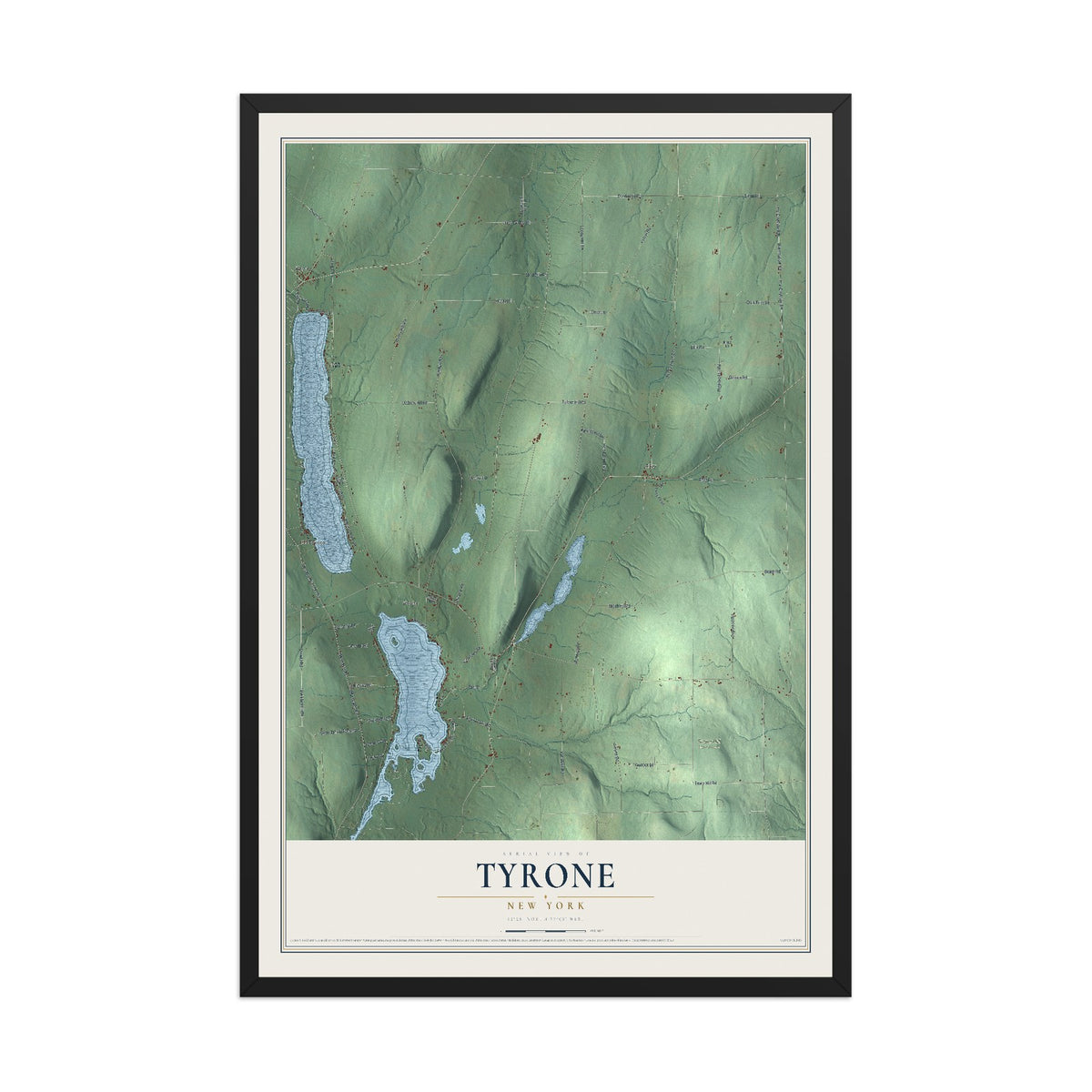 Tyrone, New York map print, 12" x 18" W/ Black Ayous Wood Frame mockup