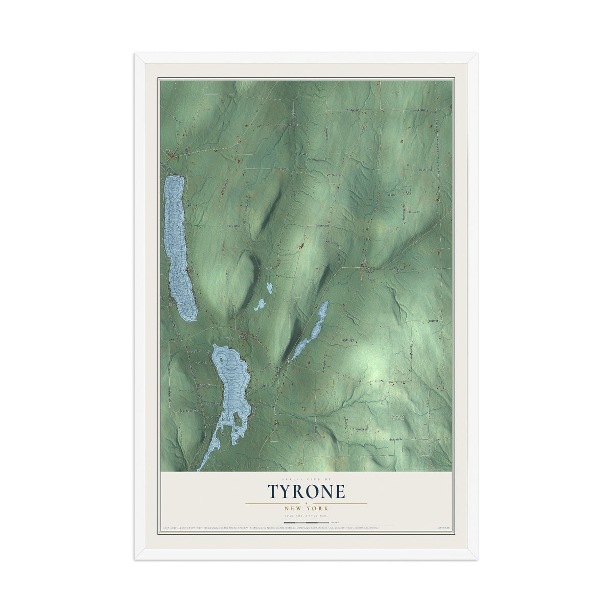 Tyrone, New York map print, 12" x 18" W/ White Ayous Wood Frame mockup