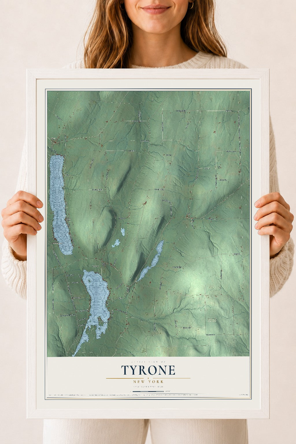 Tyrone, New York map print, 18" x 24" W/ White Ayous Wood Frame mockup