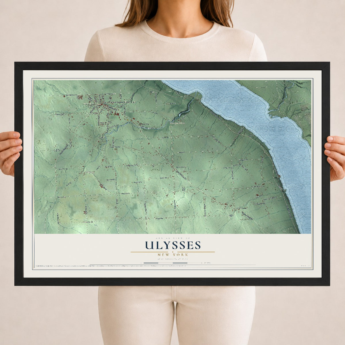 Ulysses, New York map print, 18" x 24" W/ Black Ayous Wood Frame mockup