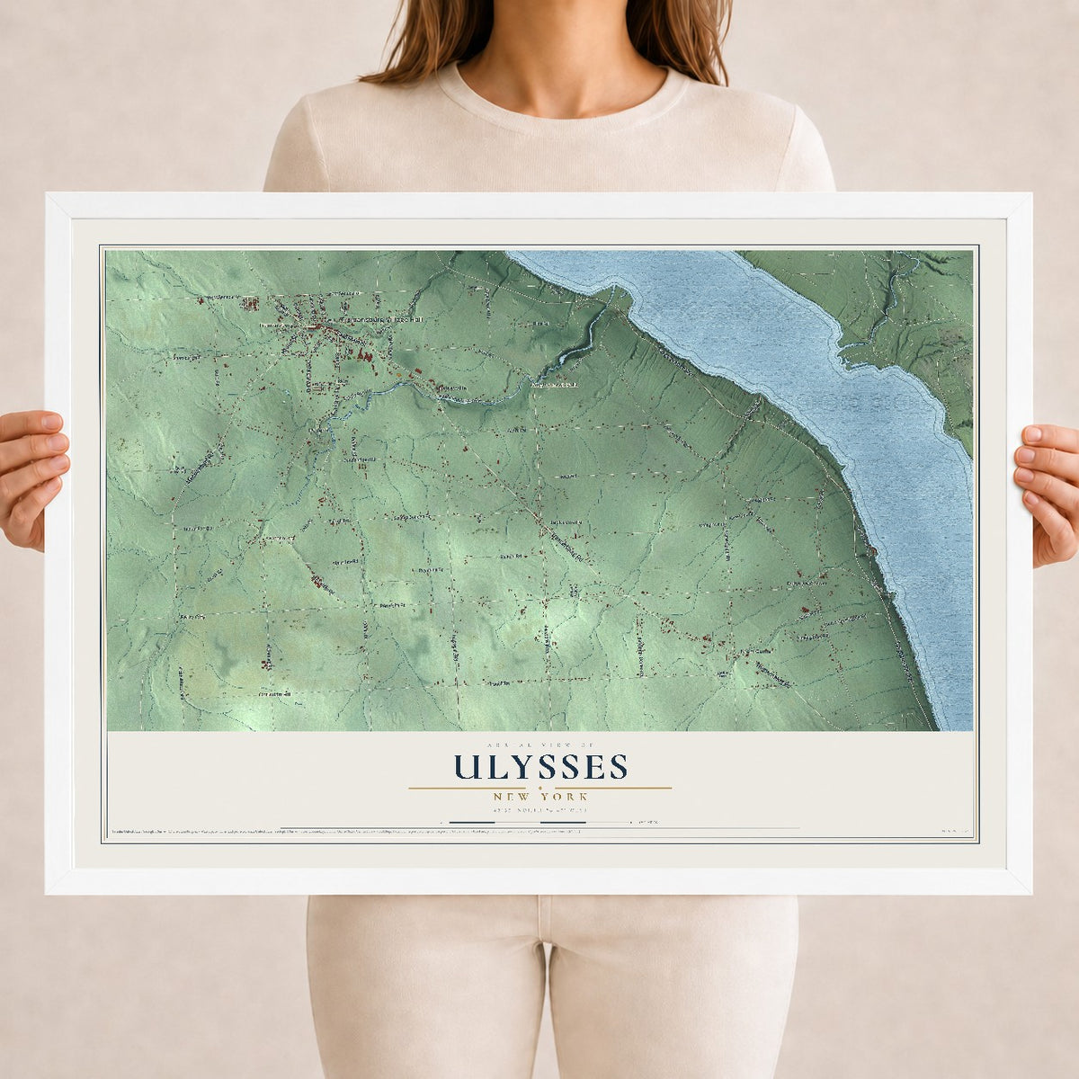 Ulysses, New York map print, 18" x 24" W/ White Ayous Wood Frame mockup