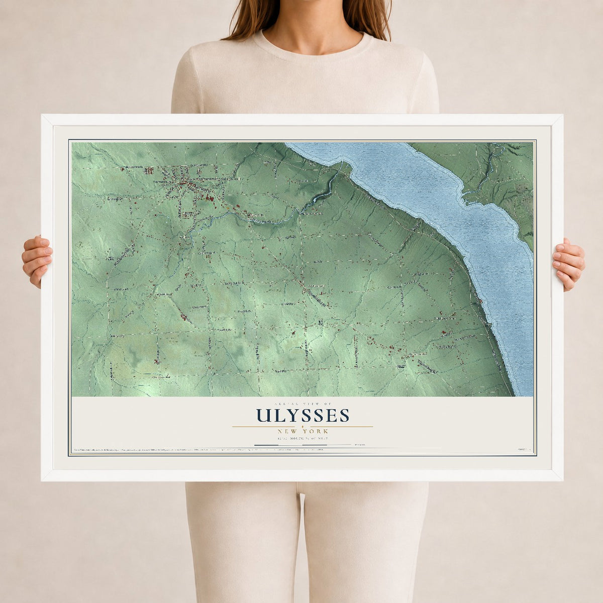 Ulysses, New York map print, 24" x 36" W/ White Ayous Wood Frame mockup
