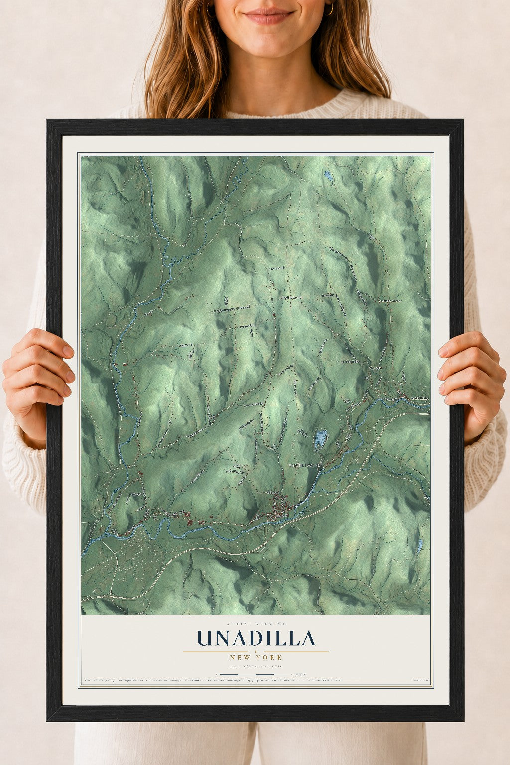Unadilla, New York map print, 18" x 24" W/ Black Ayous Wood Frame mockup