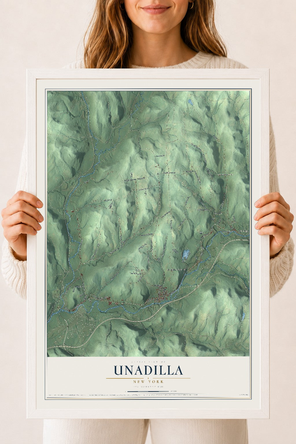 Unadilla, New York map print, 18" x 24" W/ White Ayous Wood Frame mockup
