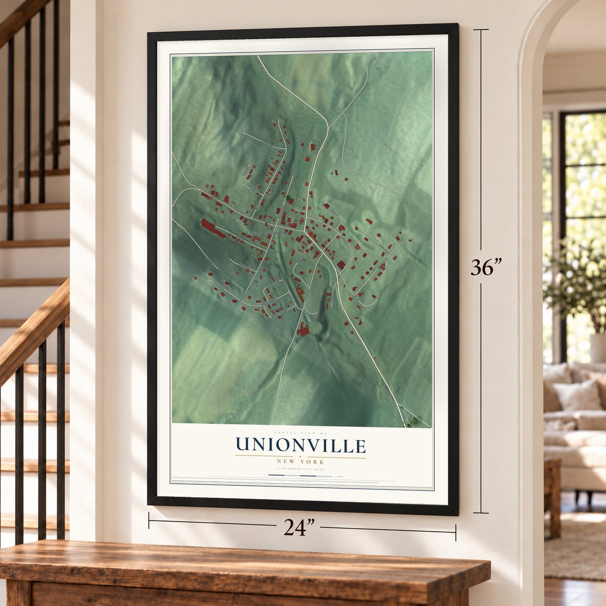 Unionville, New York map, 24 x 36 inch print in a black frame by a staircase