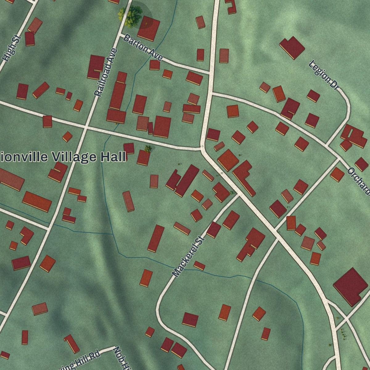 Close-up of the map of Unionville, New York print showing street and building detail