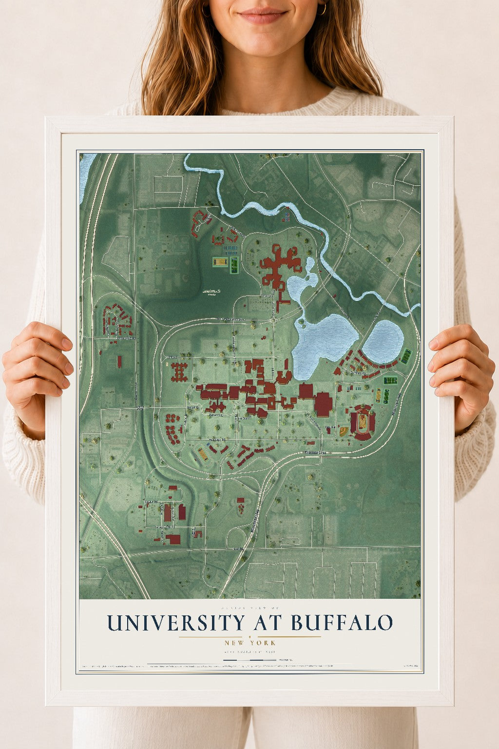 University at Buffalo, New York map print, 18" x 24" W/ White Ayous Wood Frame mockup