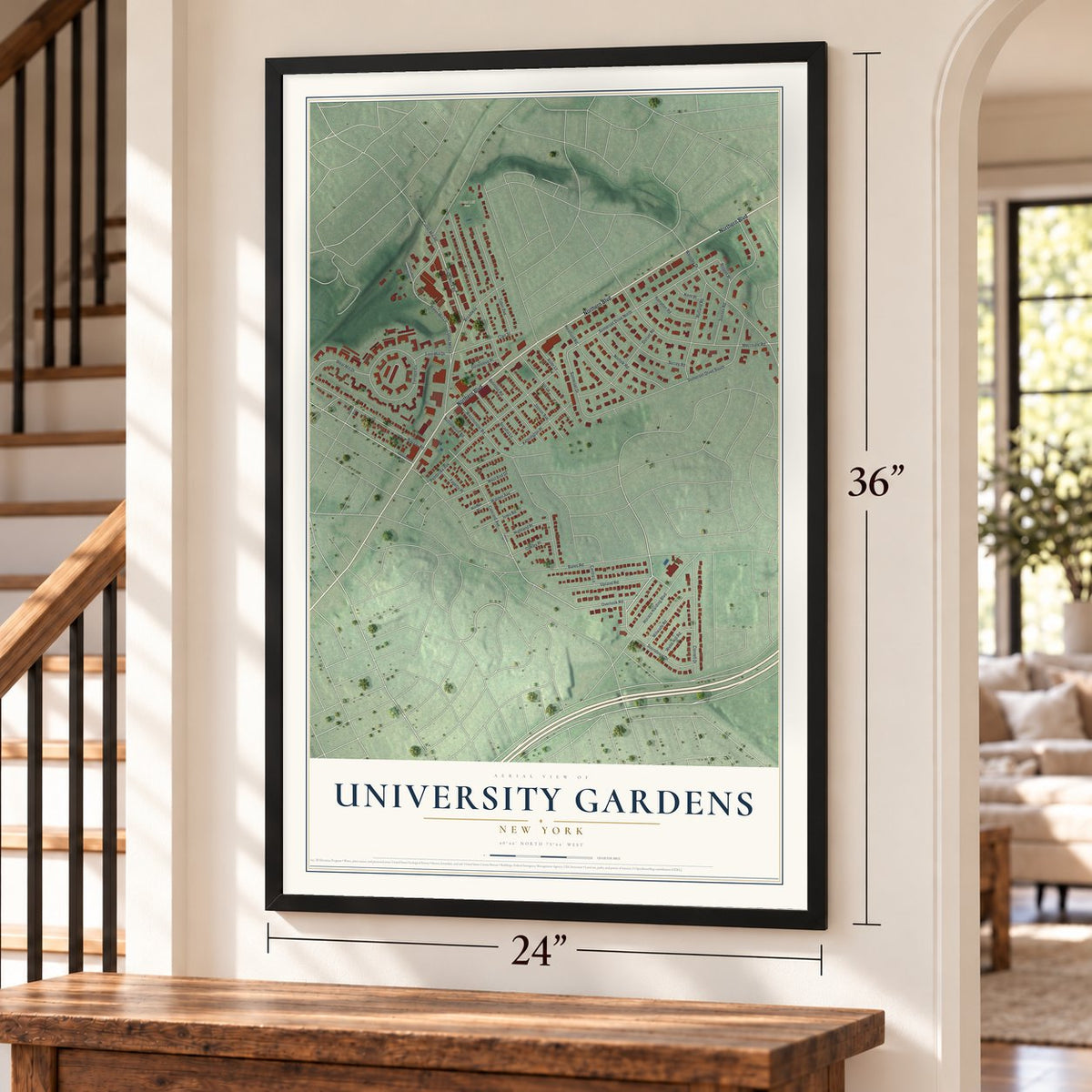 University Gardens, New York map, 24 x 36 inch print in a black frame by a staircase