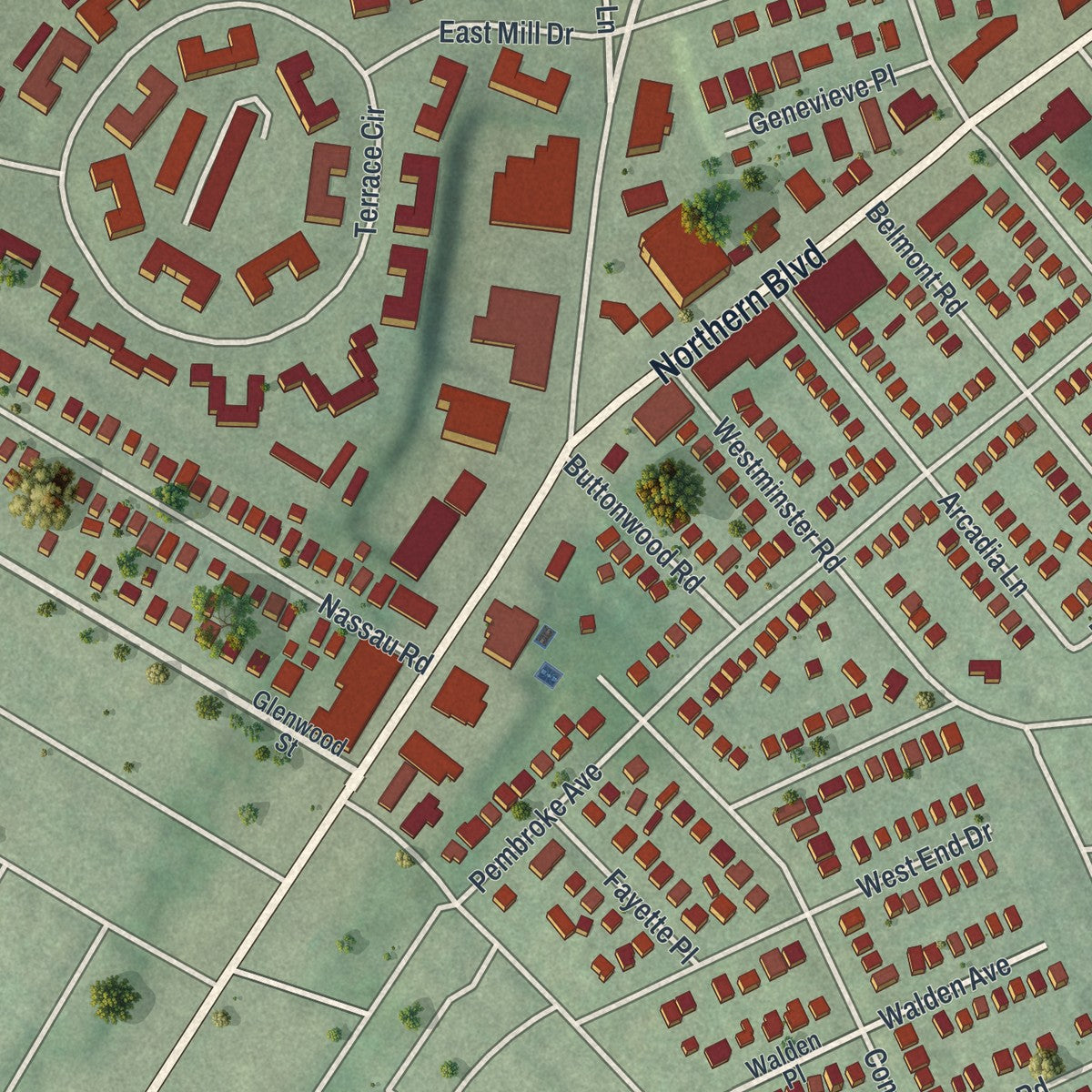 Close-up of the map of University Gardens, New York print showing street and building detail