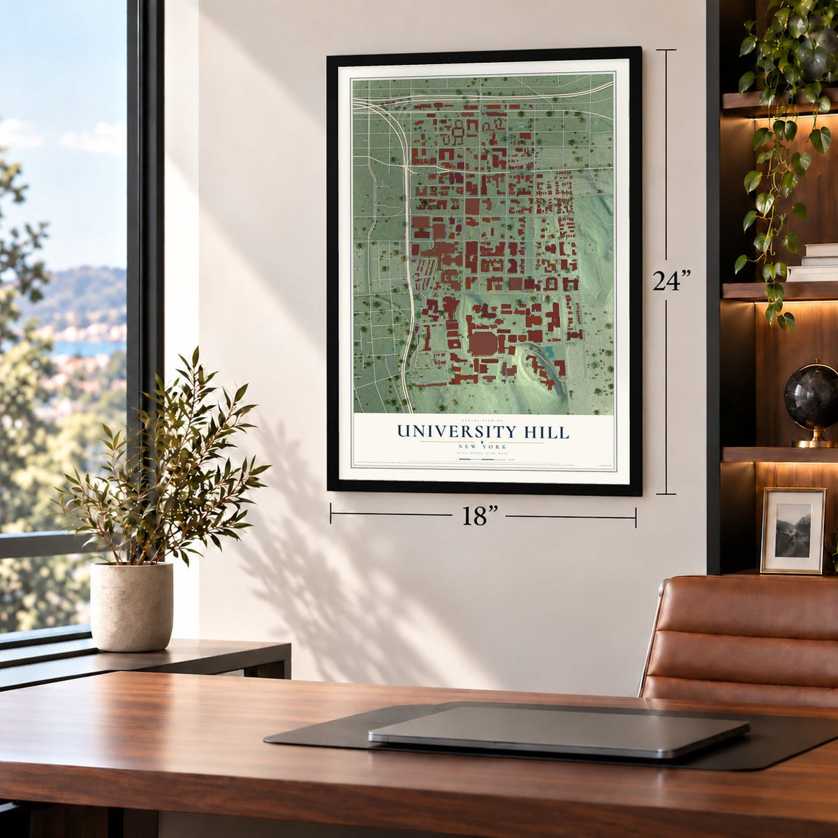 University Hill, New York map, 18 x 24 inch print in a black frame in a home office