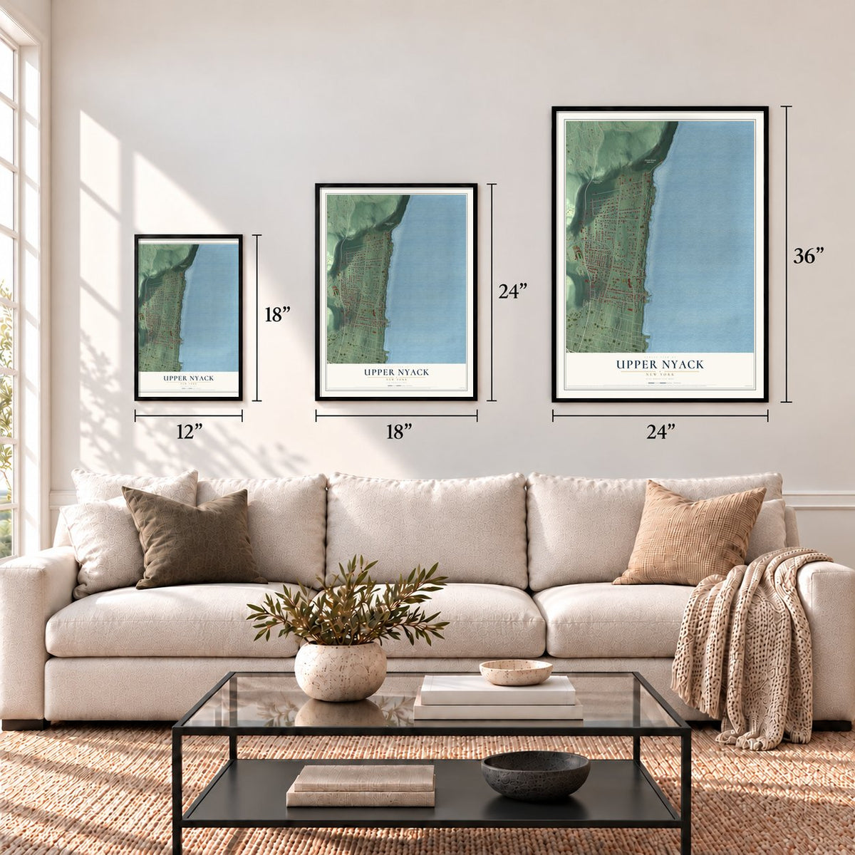 Upper Nyack, New York map in 12 x 18, 18 x 24 and 24 x 36 inch sizes above a sofa