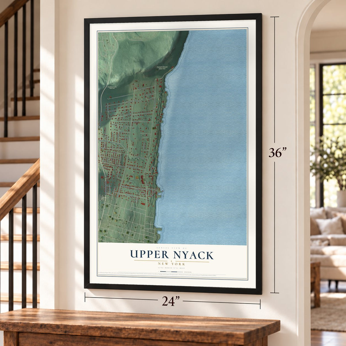 Upper Nyack, New York map, 24 x 36 inch print in a black frame by a staircase
