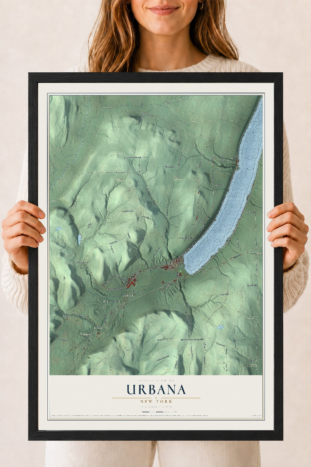 Urbana, New York map print, 18" x 24" W/ Black Ayous Wood Frame mockup