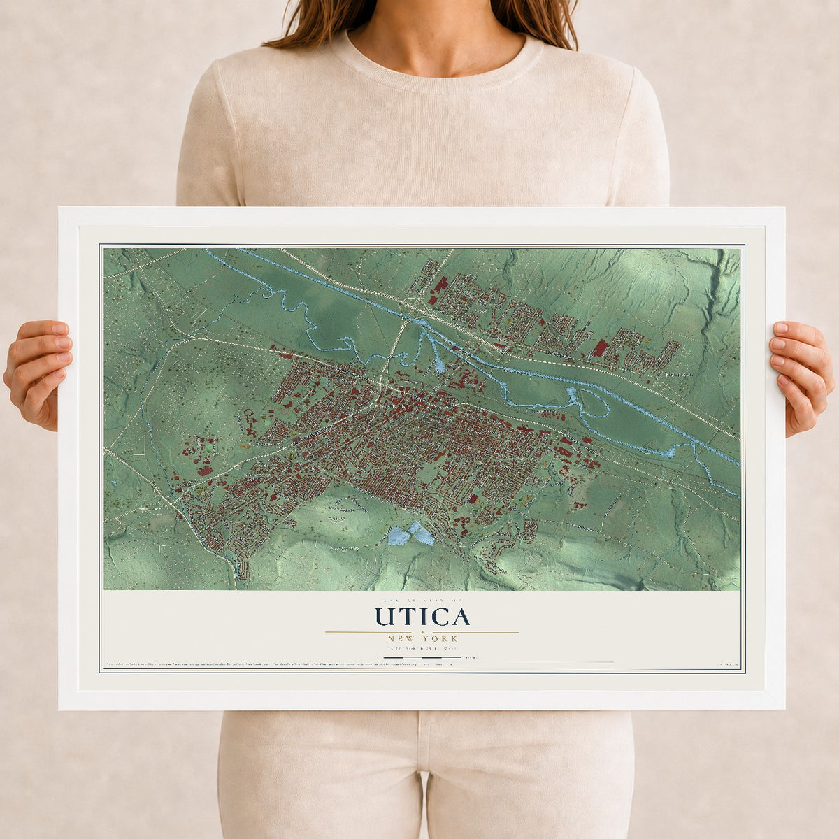 Utica, New York map print, 12" x 18" W/ White Ayous Wood Frame mockup