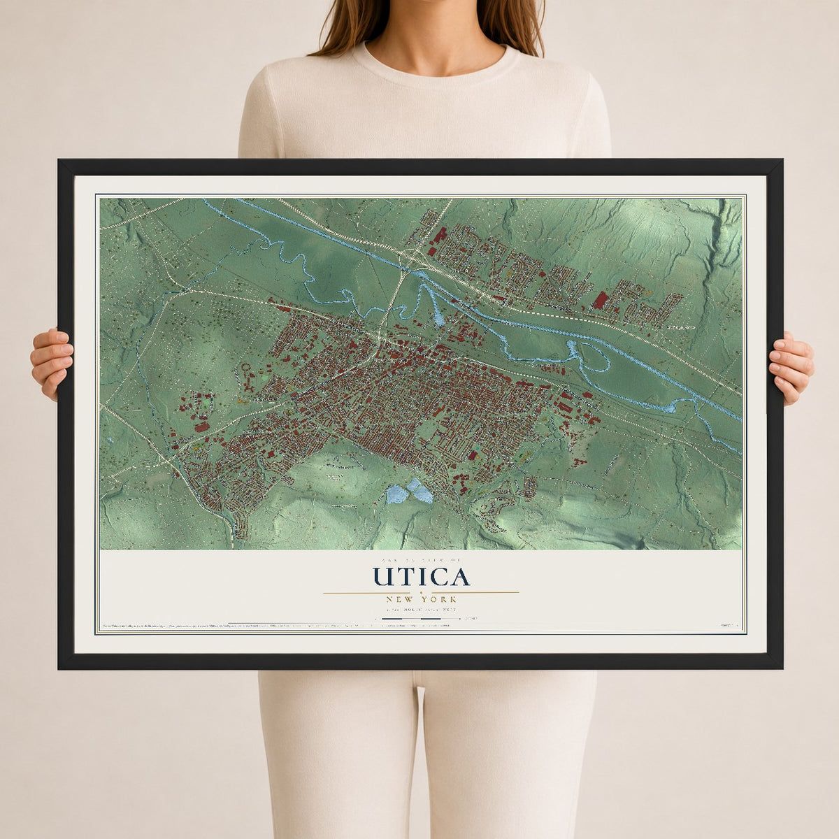 Utica, New York map print, 24" x 36" W/ Black Ayous Wood Frame mockup