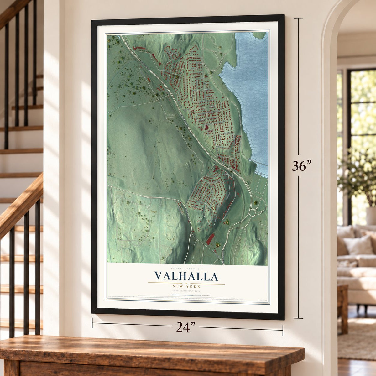 Valhalla, New York map, 24 x 36 inch print in a black frame by a staircase