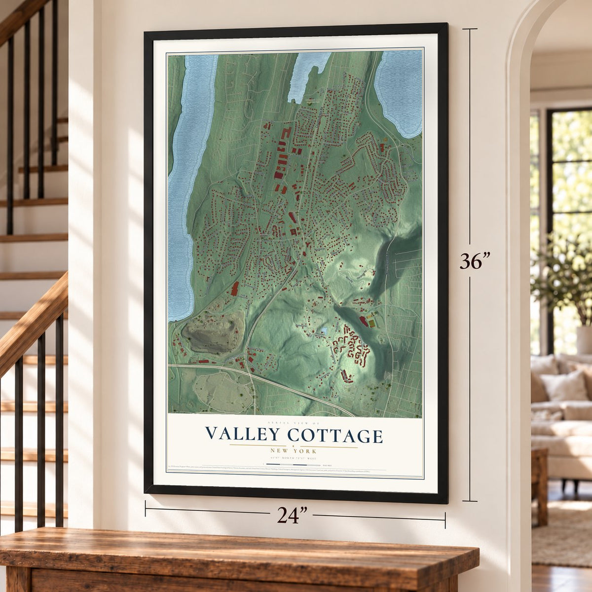 Valley Cottage, New York map, 24 x 36 inch print in a black frame by a staircase