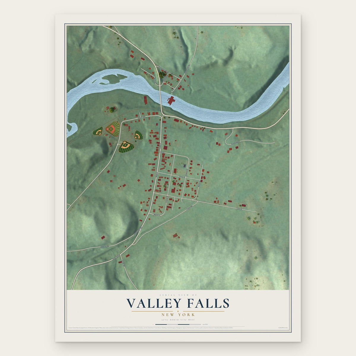 Valley Falls, New York map print, the full design