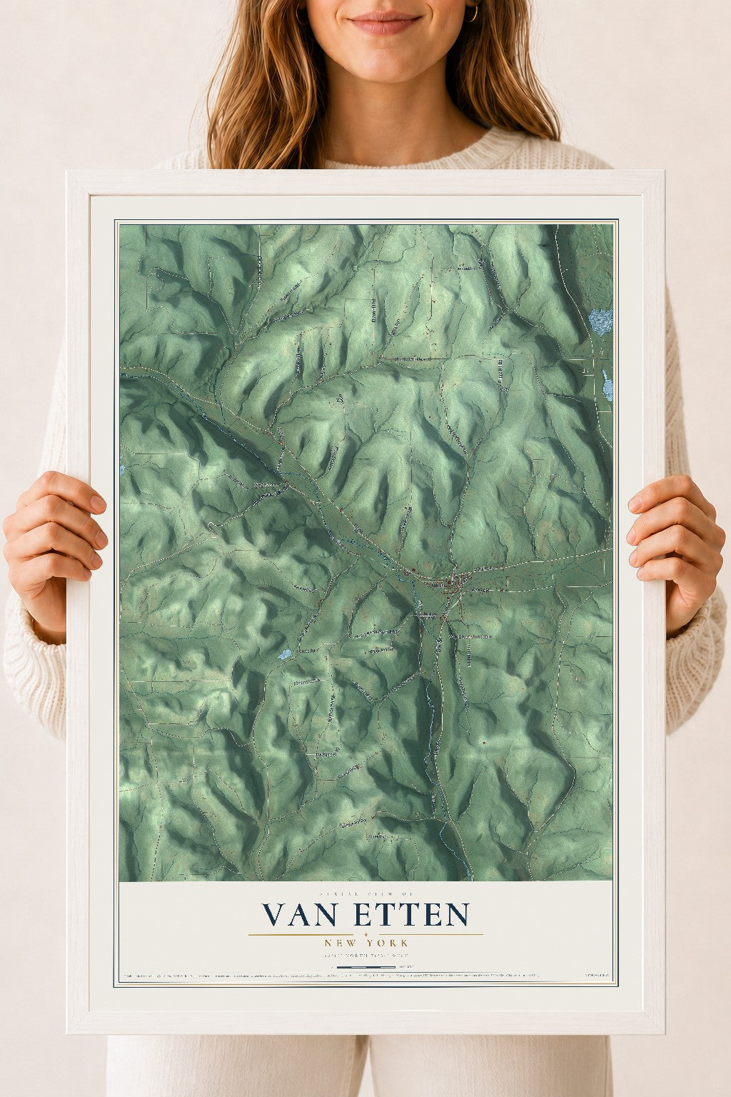 Van Etten, New York map print, 18" x 24" W/ White Ayous Wood Frame mockup