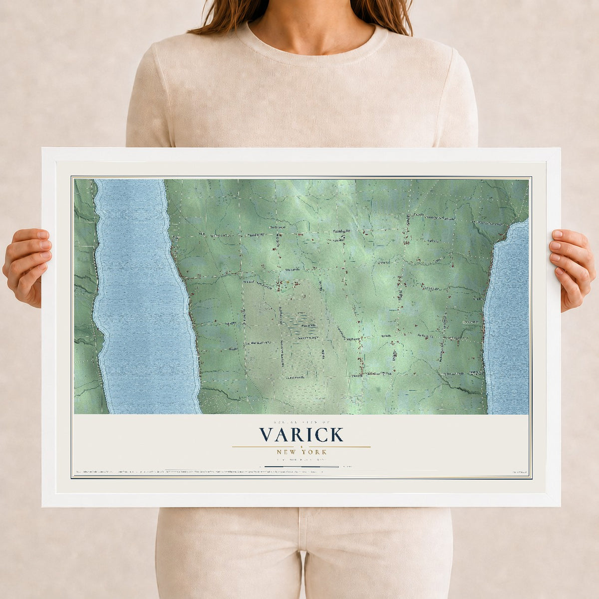 Varick, New York map print, 12" x 18" W/ White Ayous Wood Frame mockup