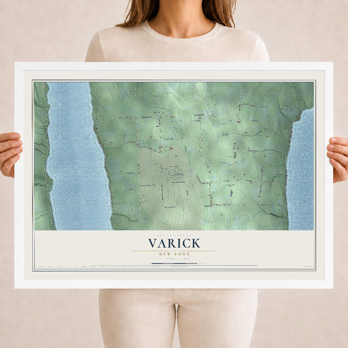 Varick, New York map print, 18" x 24" W/ White Ayous Wood Frame mockup