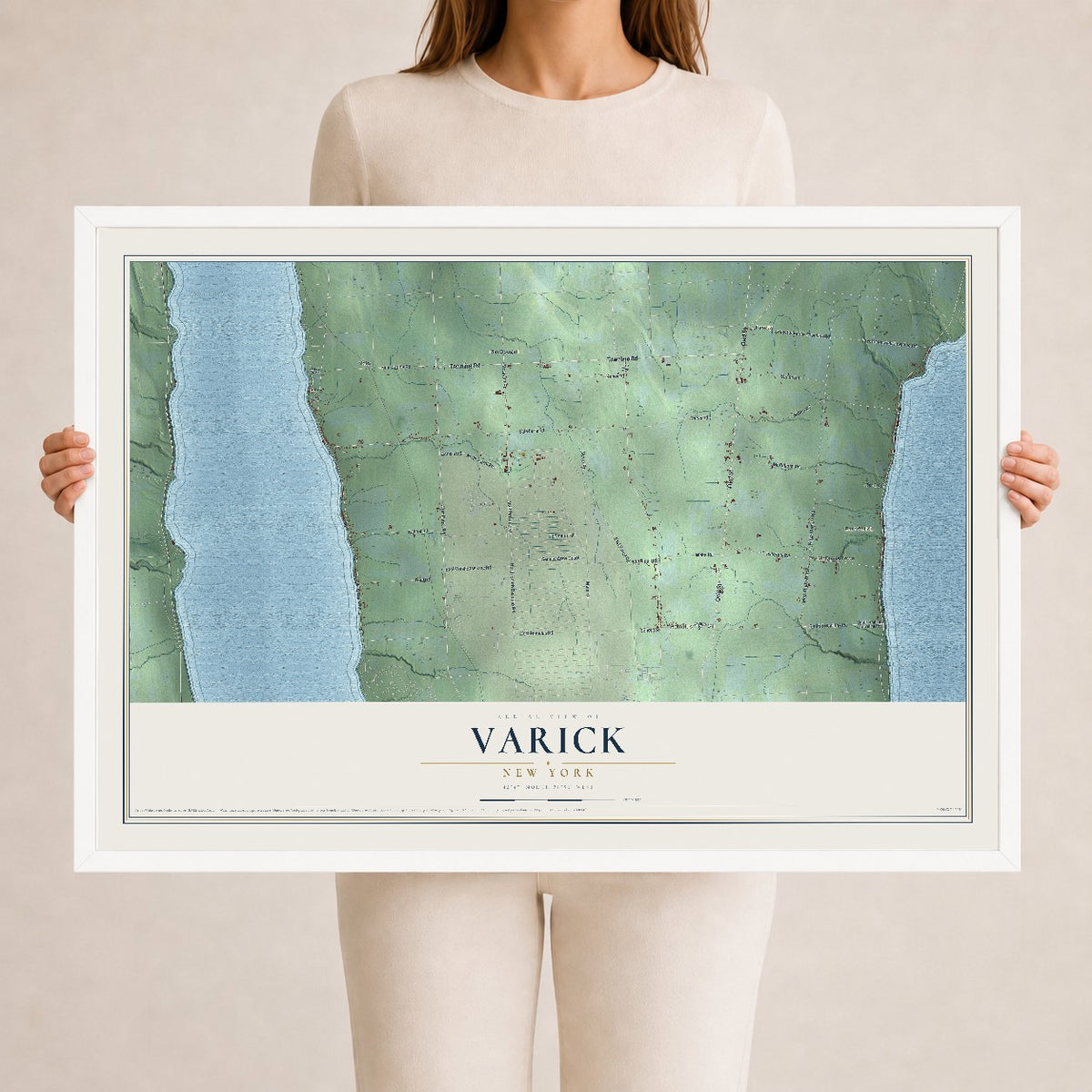 Varick, New York map print, 24" x 36" W/ White Ayous Wood Frame mockup