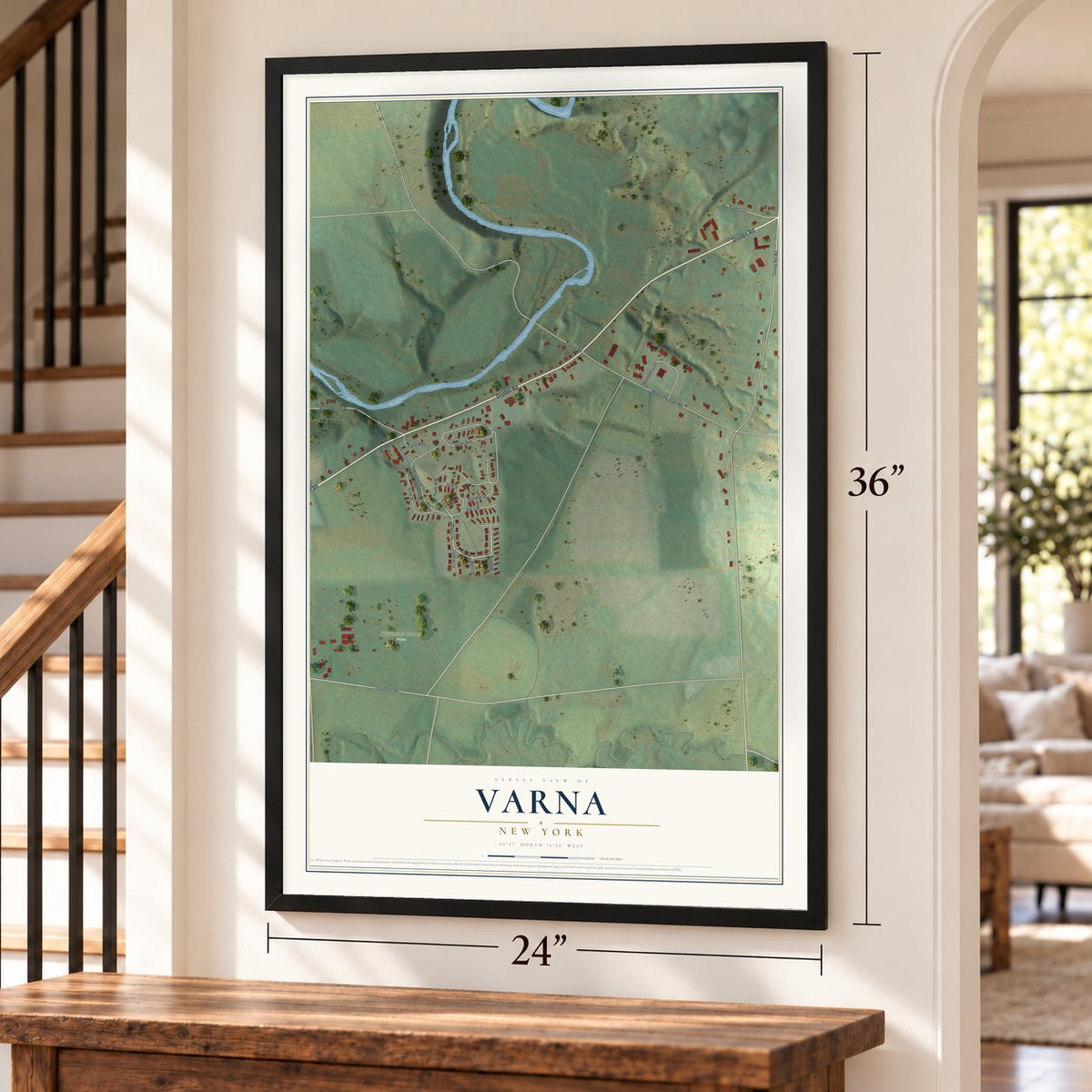 Varna, New York map, 24 x 36 inch print in a black frame by a staircase