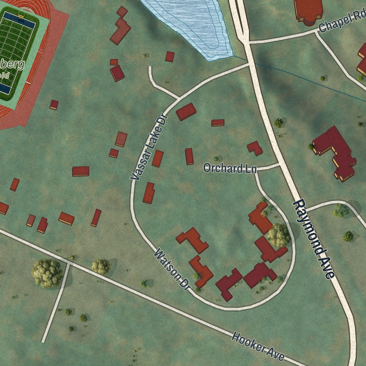 Close-up of the map of Vassar College, New York print showing street and building detail