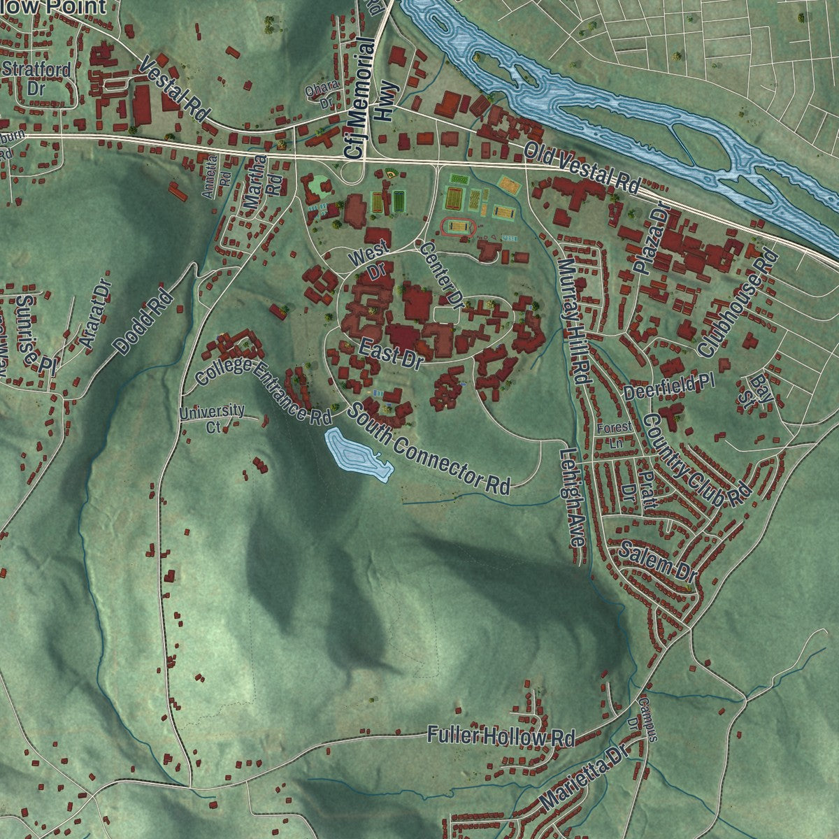 Second close-up of the map of Vestal, New York print showing more streets and buildings