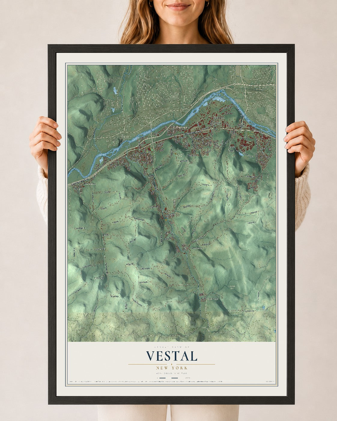 Map of Vestal, New York, 24 x 36 inch print in a black wood frame