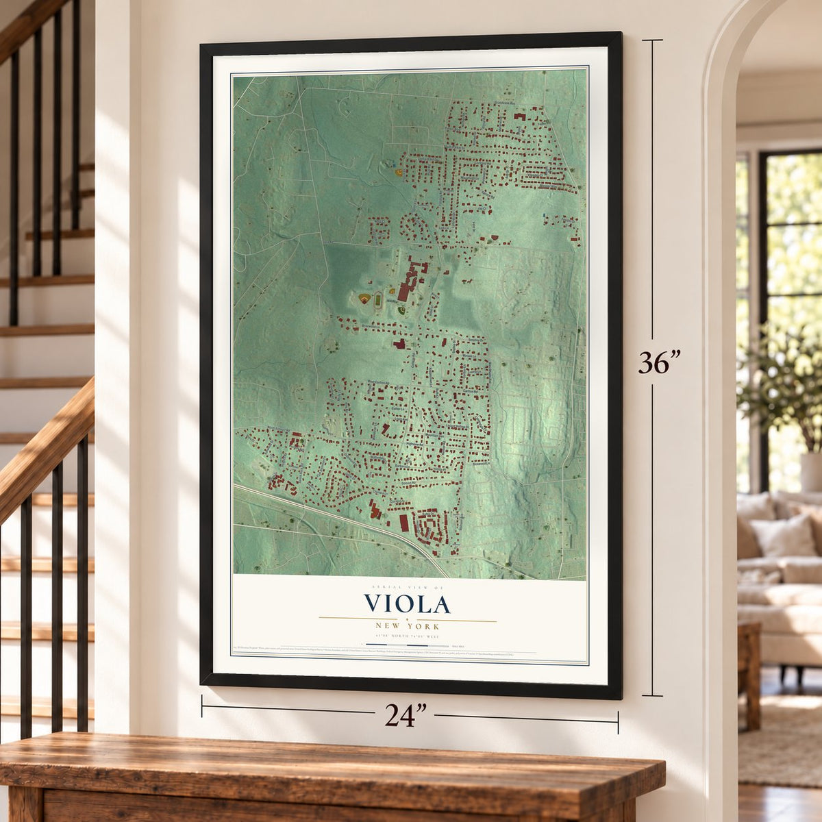 Viola, New York map, 24 x 36 inch print in a black frame by a staircase