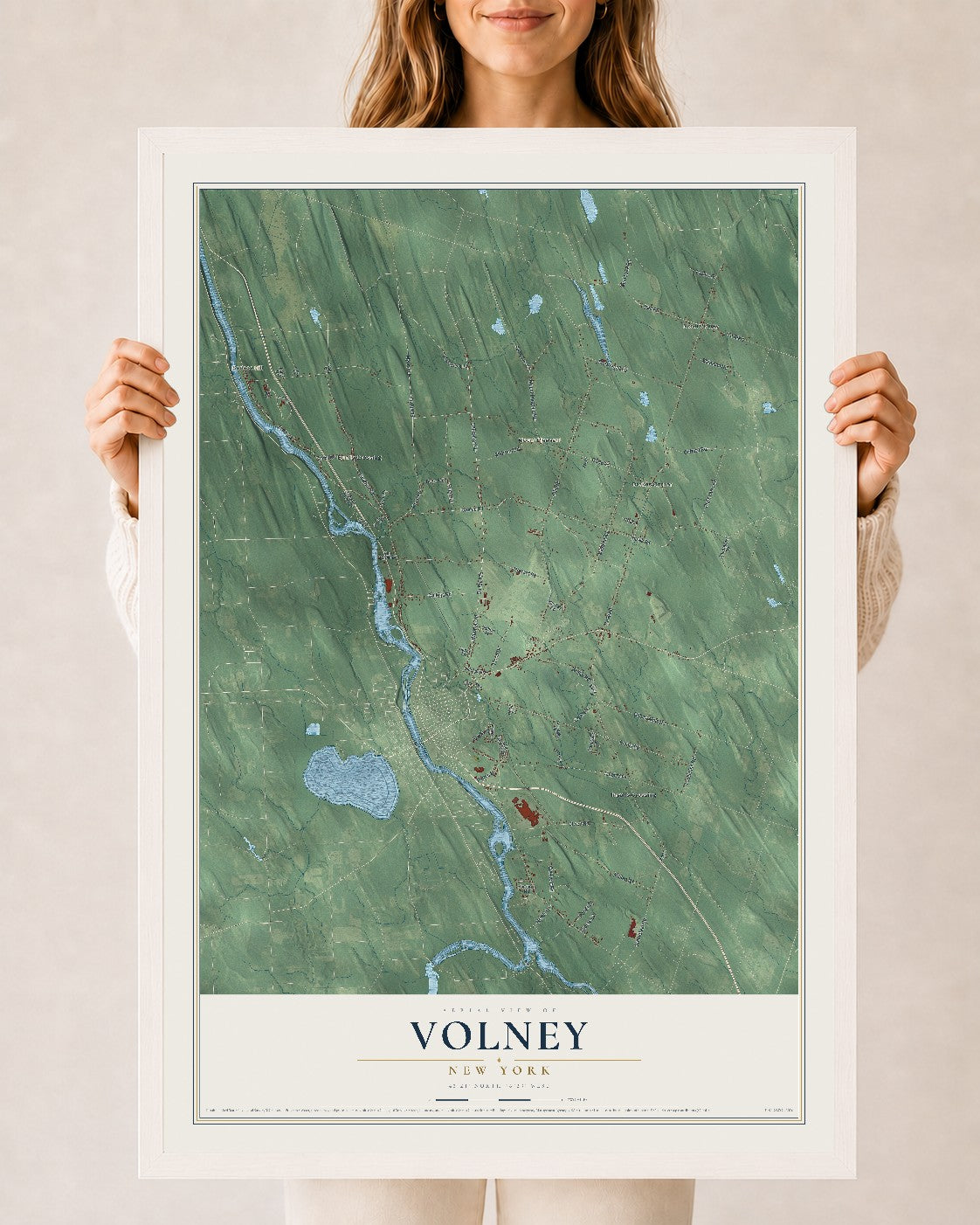 Volney, New York map print, 24" x 36" W/ White Ayous Wood Frame mockup
