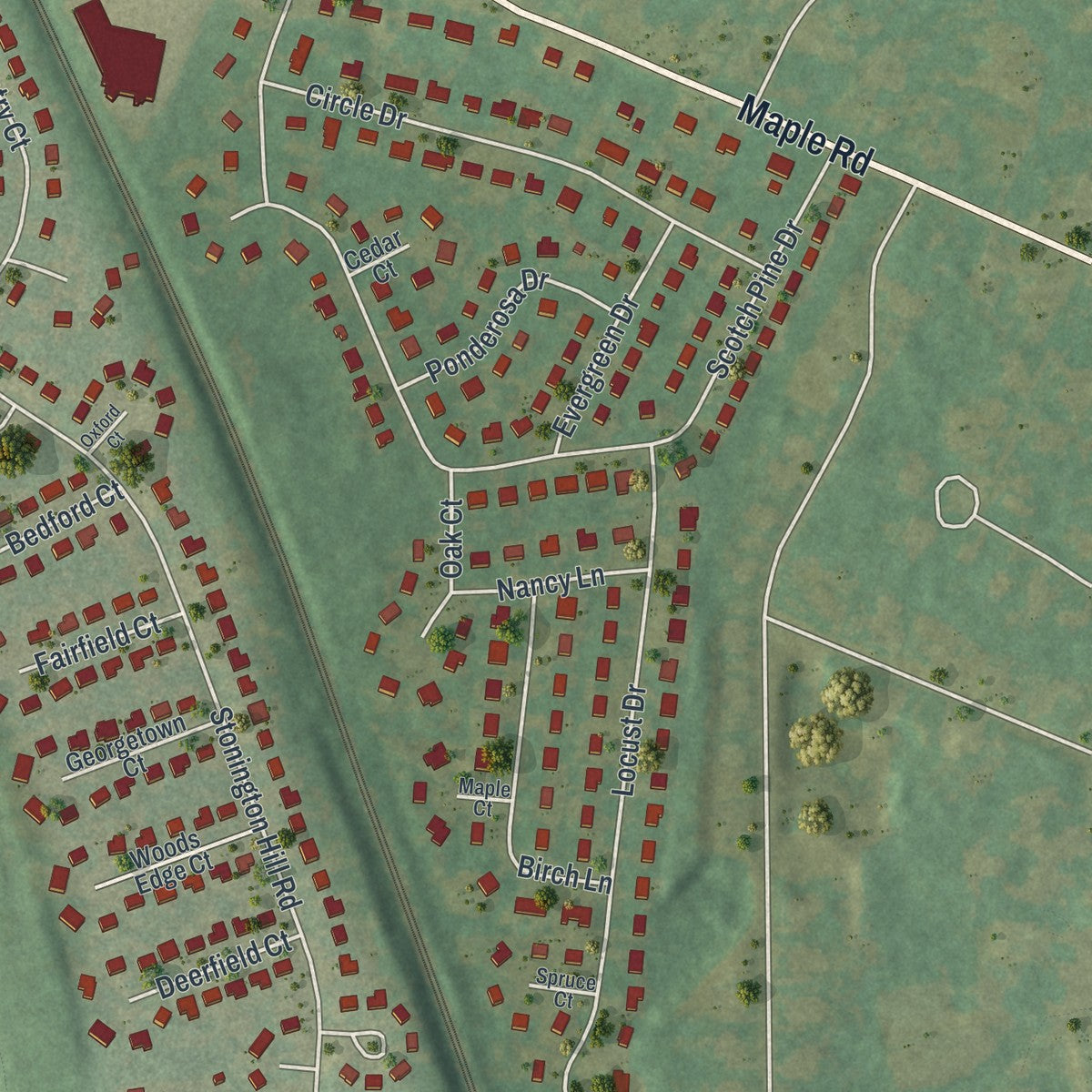 Close-up of the map of Voorheesville, New York print showing street and building detail