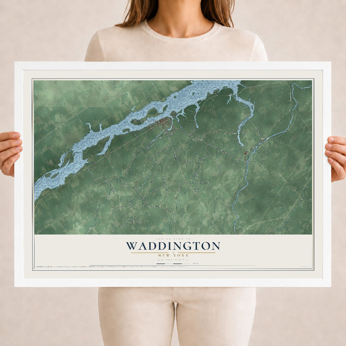 Waddington, New York map print, 18" x 24" W/ White Ayous Wood Frame mockup
