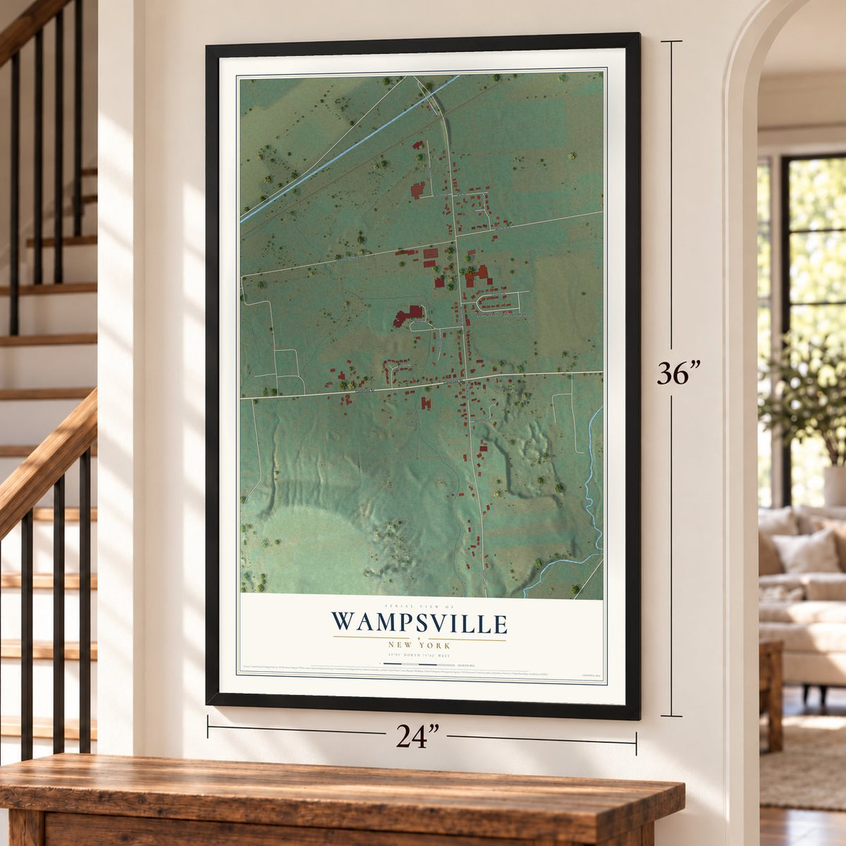 Wampsville, New York map, 24 x 36 inch print in a black frame by a staircase