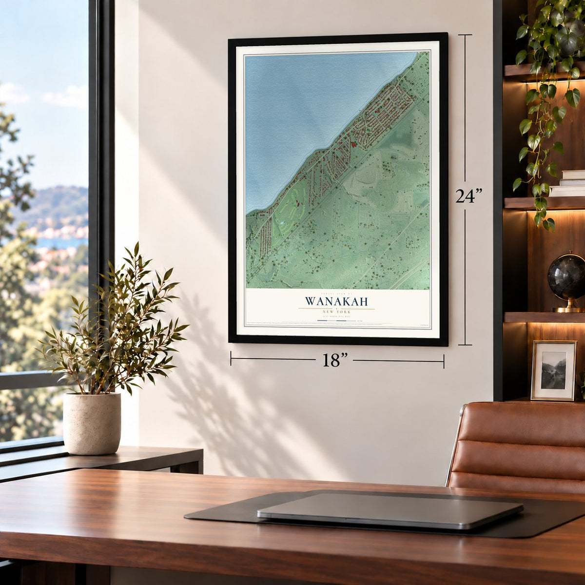 Wanakah, New York map, 18 x 24 inch print in a black frame in a home office