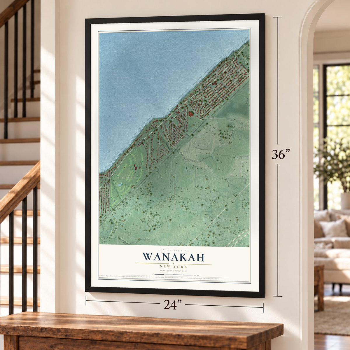 Wanakah, New York map, 24 x 36 inch print in a black frame by a staircase