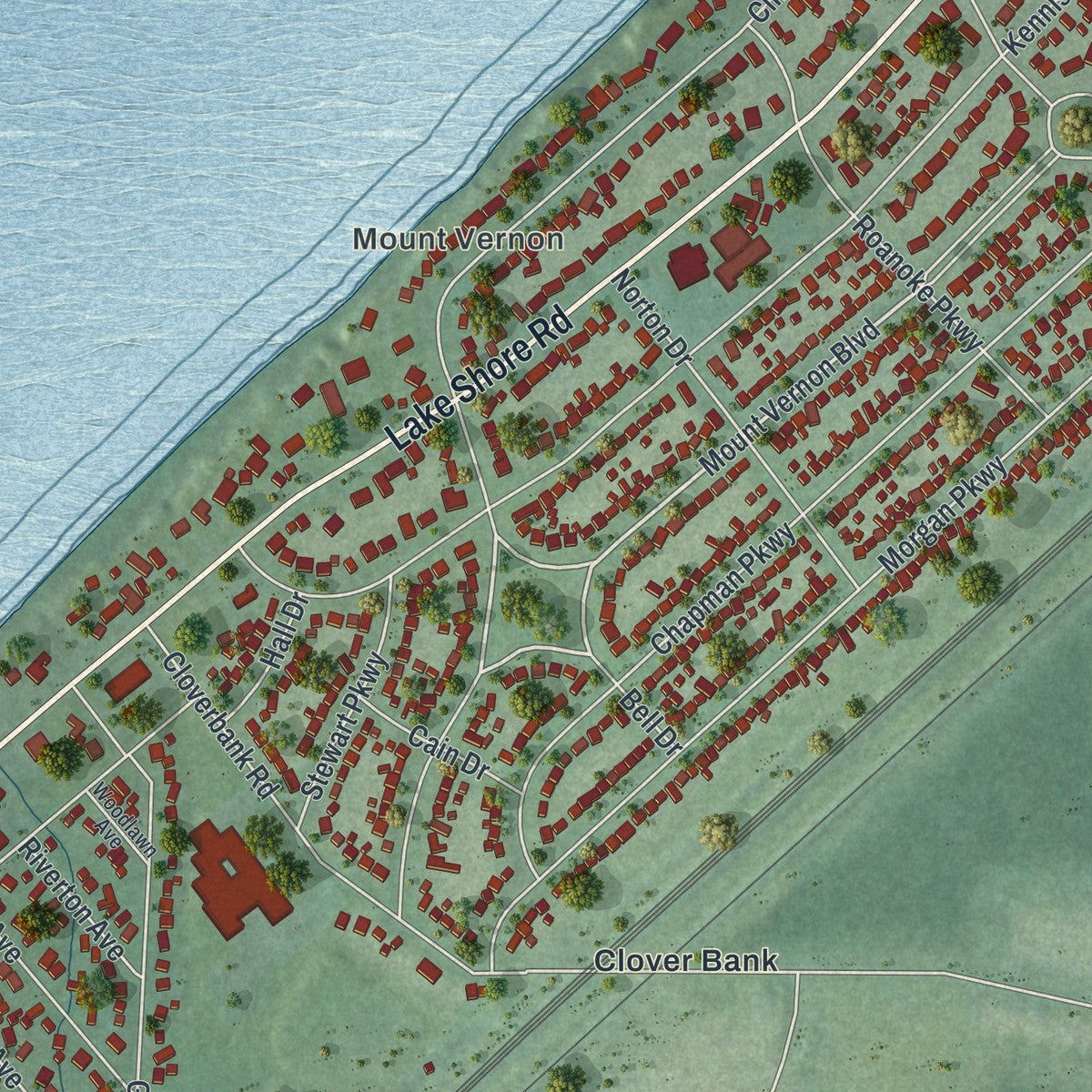 Close-up of the map of Wanakah, New York print showing street and building detail