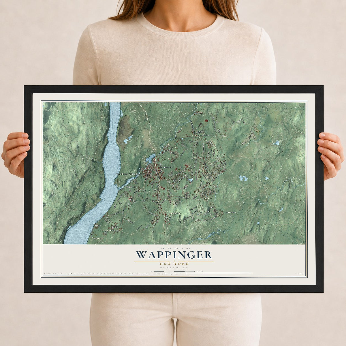 Wappinger, New York map print, 12" x 18" W/ Black Ayous Wood Frame mockup