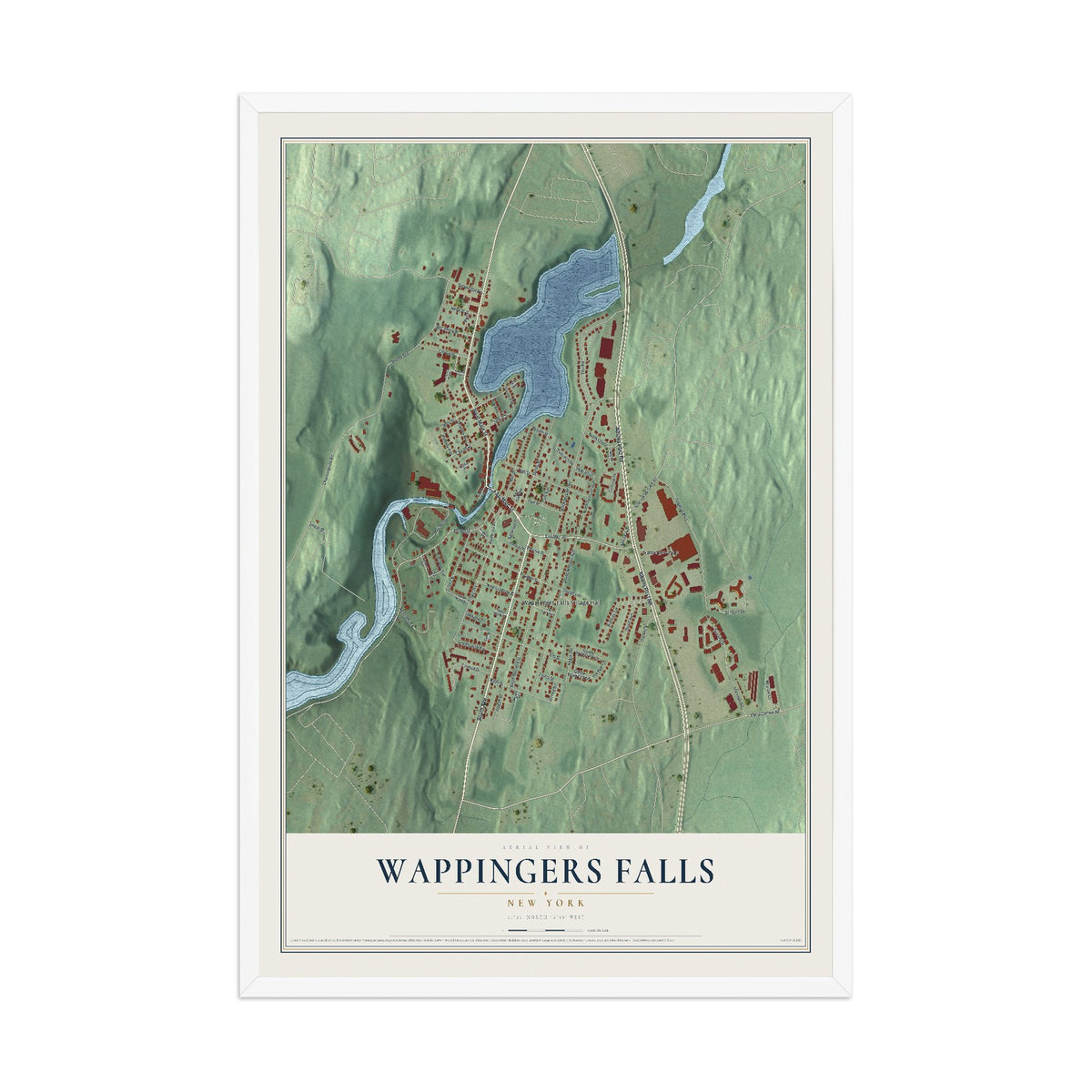 Wappingers Falls, New York map print, 12" x 18" W/ White Ayous Wood Frame mockup