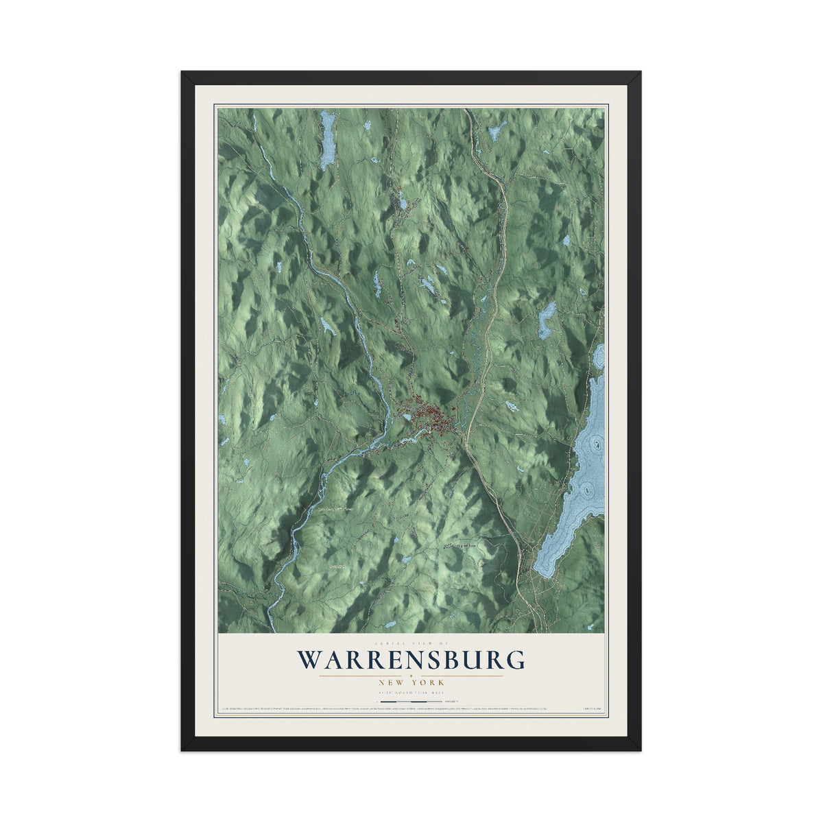 Warrensburg, New York map print, 12" x 18" W/ Black Ayous Wood Frame mockup