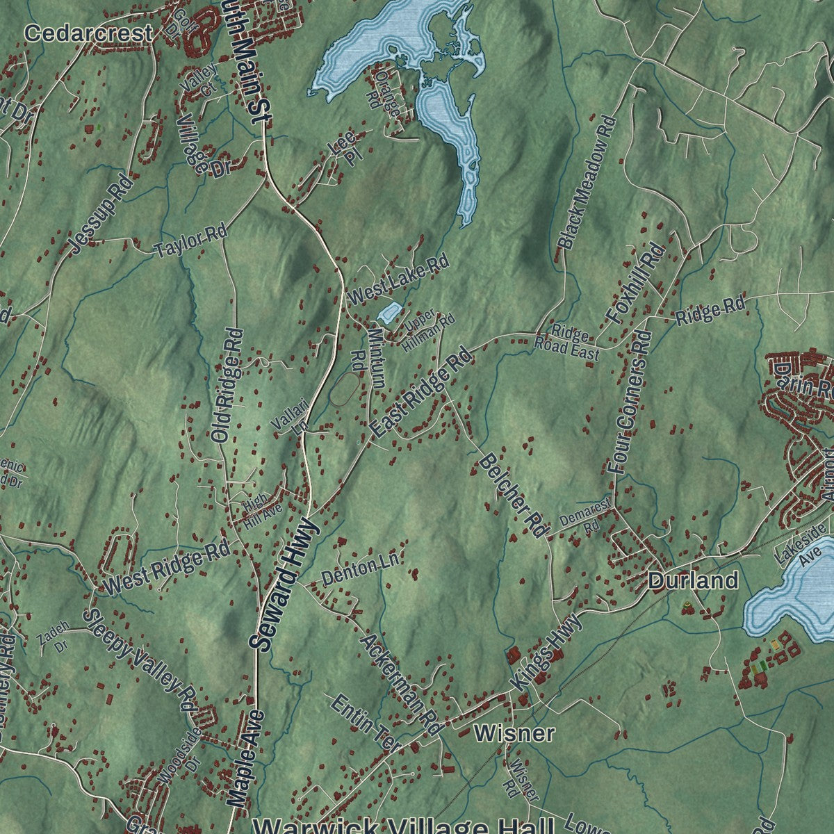 Second close-up of the map of the Town of Warwick, New York print showing more streets and buildings